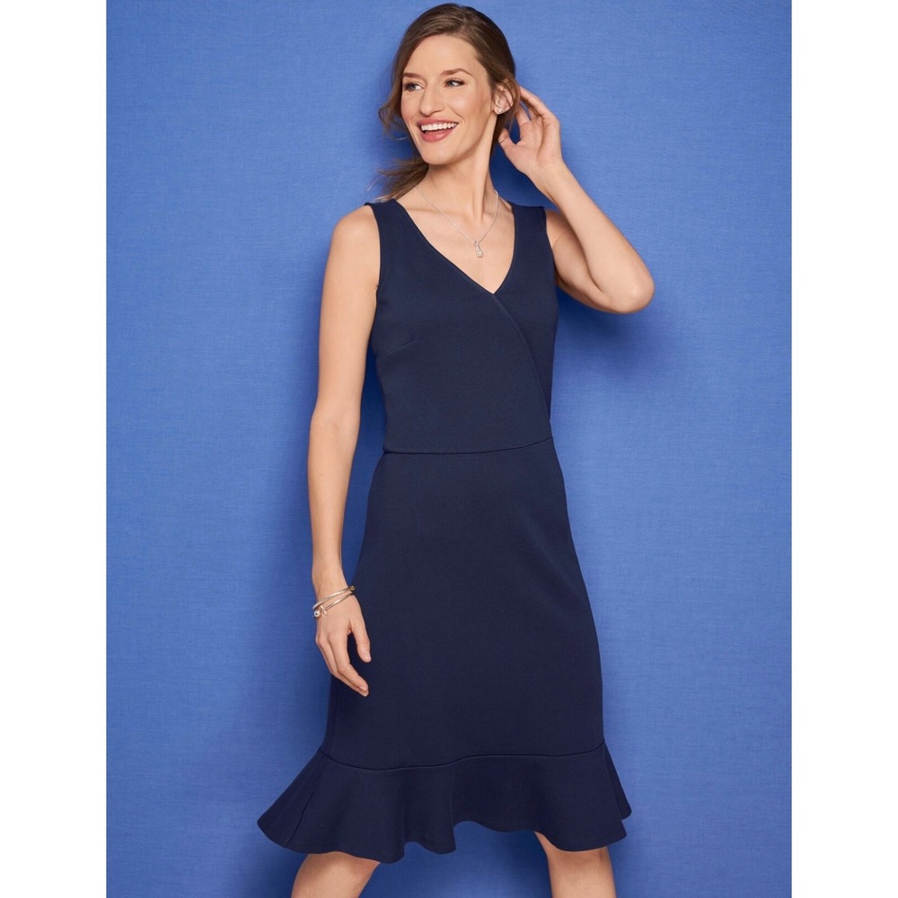 Talbots Navy Blue Cotton‎ Knit Sleeveless Faux Wrap Flounce Hem Dress Medium NWT